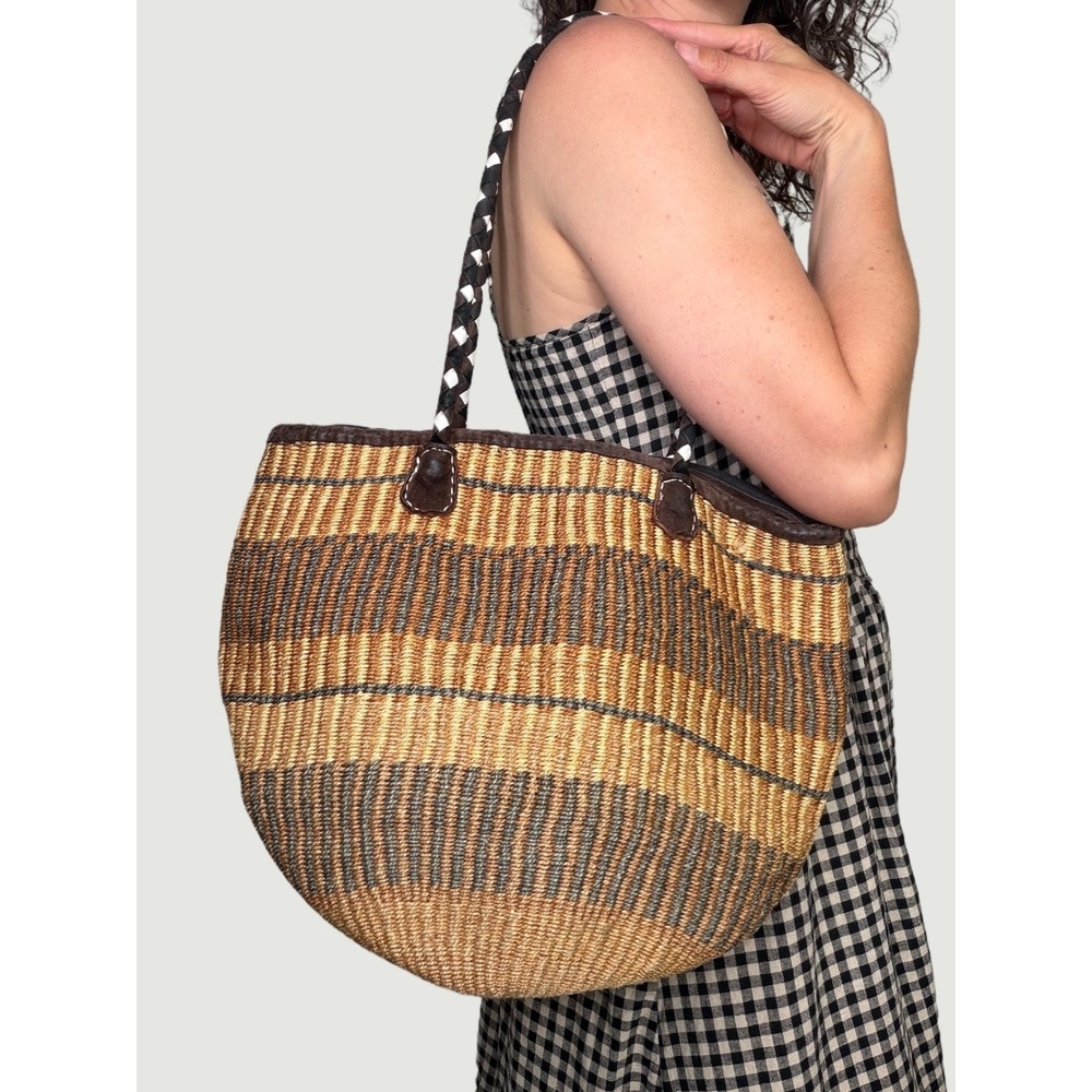 Handwoven Sisal Market Tote Bag Striped Shoulder Braided Leather Straps Vintage